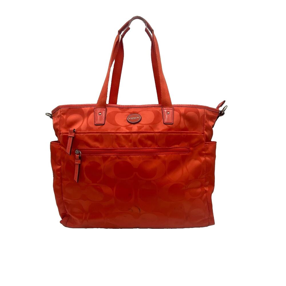 Coach F77577 Signature Nylon Diaper Bag Travel Tote Coral Red Crossbody